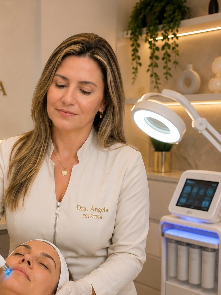 Angela realizando um atendimento na clínica